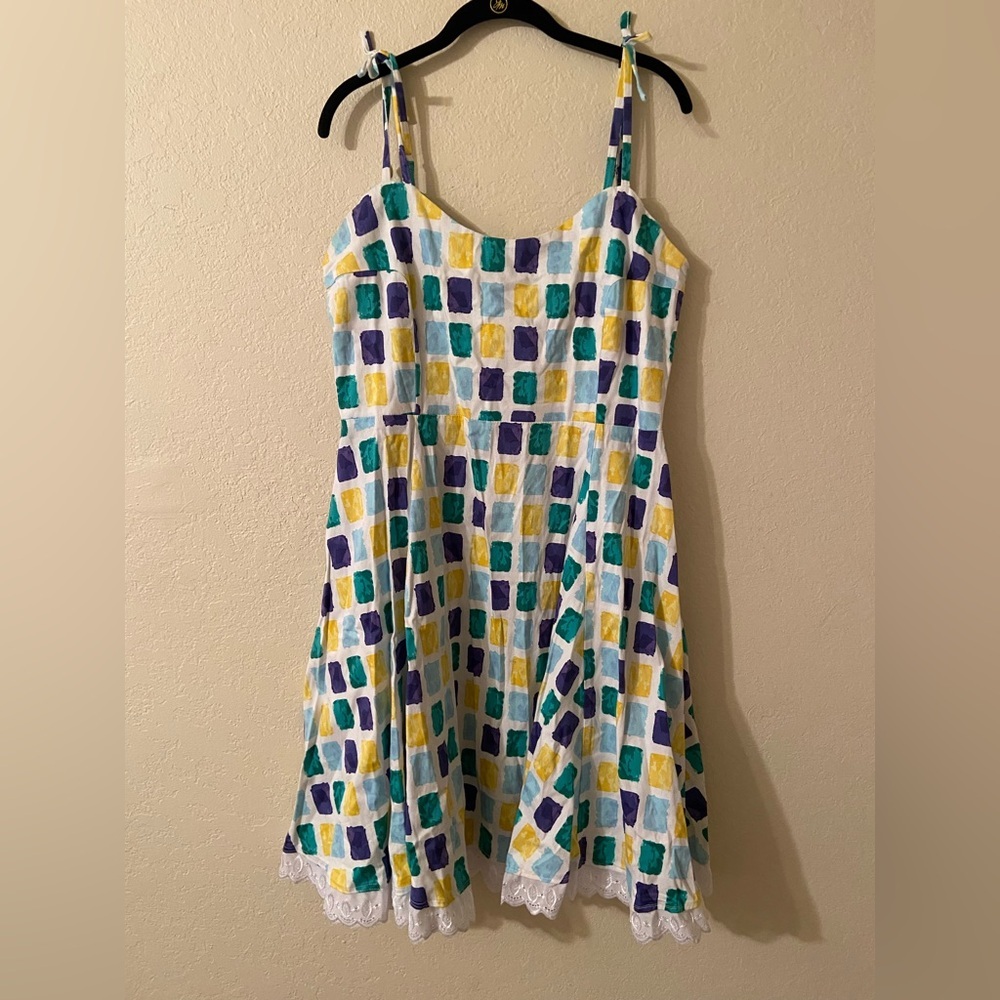 Collectif vintage sundress lace trim watercolor squares spring 2XL pinup dress